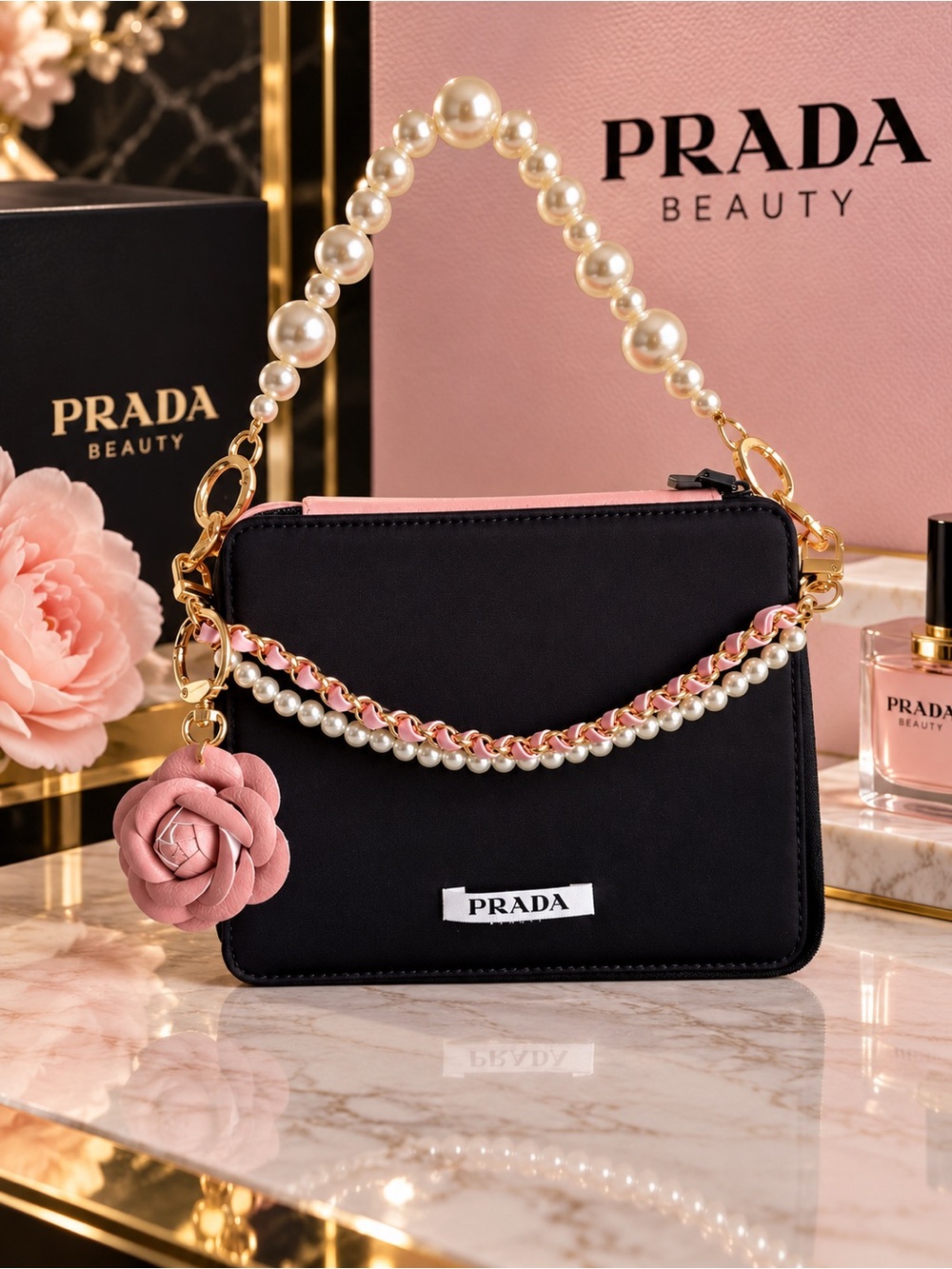 PRADA beauty paradoxe pouch with gold/pearl hardware